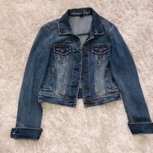 Denim jacket, medium to dark denim wash